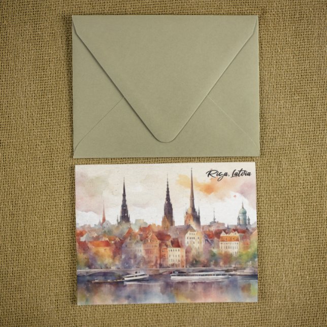 Riga, Latvia Watercolor City View Postcard (colorful riga latvia postcard)