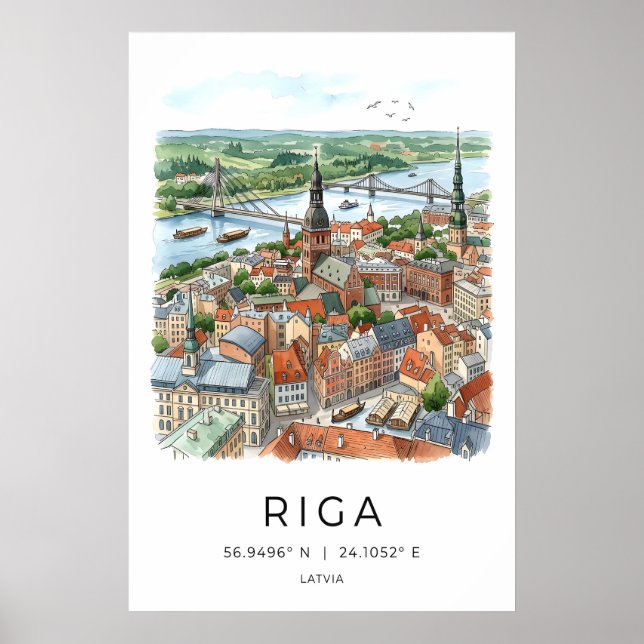 Riga Skyline Art Print Watercolor Cityscape (Old (Front)