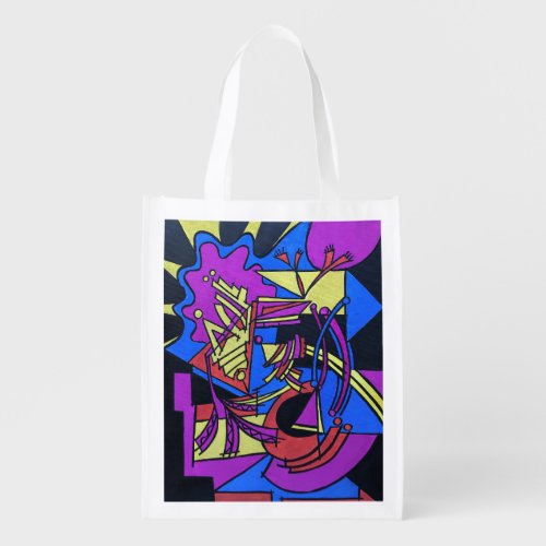 Right Brain Left Brain-Hand Painted Abstract Art Grocery Bag