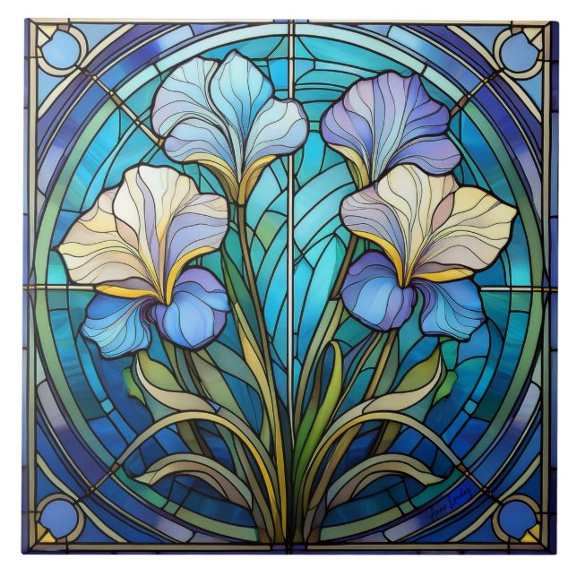 Right Floral Iris Art Nouveau Blue Green Retro Ceramic Tile (Front)
