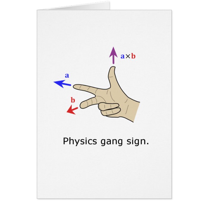 Right hand rule cross product Physics gang sign Card Zazzle