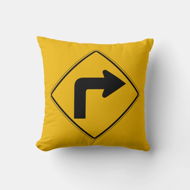 Right Turn, Traffic Warning Sign, USA Throw Pillow (Front)