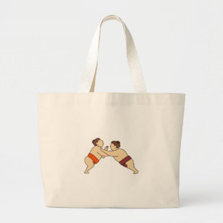 Rikishi Sumo Wrestler Pushing Side Mono Line Large Tote Bag