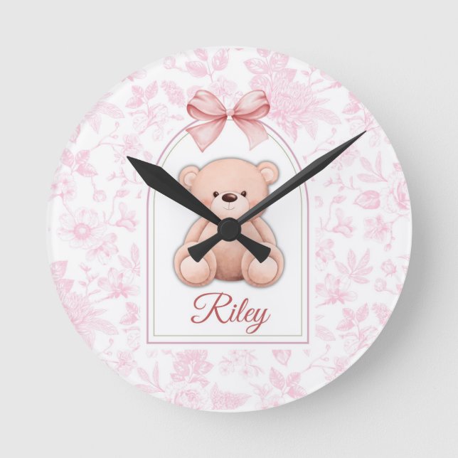Riley | Custom Pink Teddy Bear Nursery Design  Round Clock (Front)
