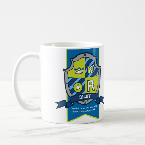 Riley letter R crest blue green name meaning Coffee Mug