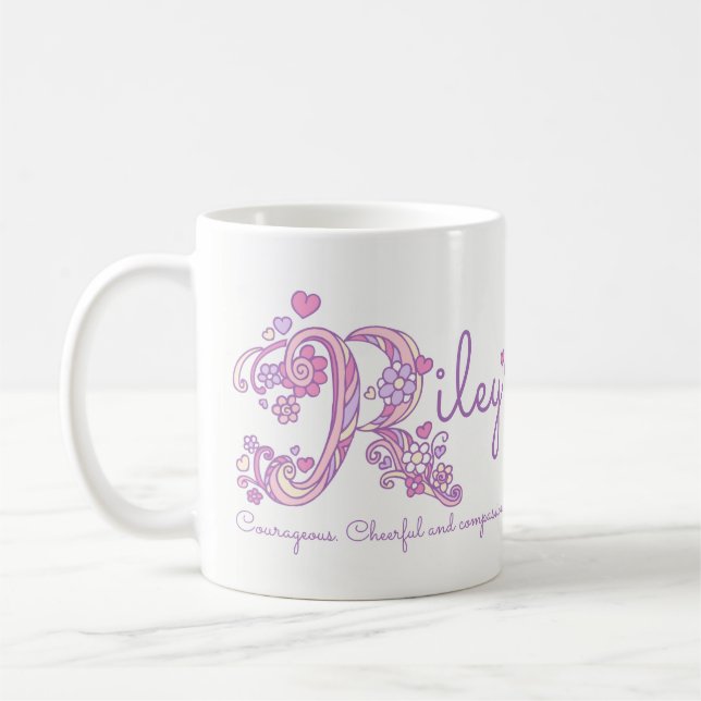 Riley name meaning heart flower R monogram mug (Left)