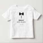 Ring Bearer Black Tie Wedding Young Child T-shirt<br><div class="desc">These fun t-shirts are designed as favors or gifts for wedding ring bearers. The t-shirt is white and features an image of a black bow tie and three buttons. The text reads Ring Bearer, and has a place to enter his name as well as the wedding couple's name and wedding...</div>