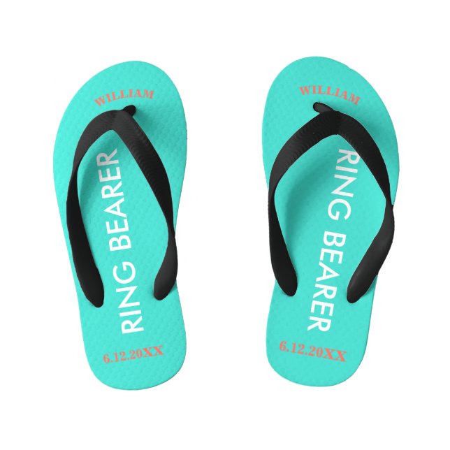 Ring Bearer NAME Turquoise Blue Kid's Flip Flops (Footbed)