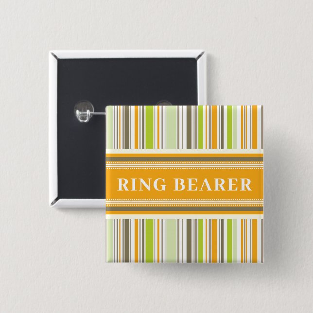 RING BEARER Retro Orange Green Stripes Wedding Pinback Button (Front & Back)