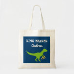 Ring bearer tote bag wedding party favor for kids<br><div class="desc">Ring bearer tote bag wedding party favor for kids (boy or girl).
Cute t rex dinosaur holding two golden wedding rings.
Personalize with name of child in charge of ring security.
Wild historic animal design. T-rex dino!</div>
