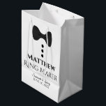 Ring Bearer Wedding Gift Bag with Black Tie<br><div class="desc">This gift bag is designed for your Ring Bearer. The design features black text and a black tie with buttons on a white background. Includes a space for his name as well as the name of the couple and the wedding date. Fill with gifts, favors, candy, booze, or any other...</div>