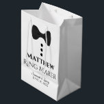 Ring Bearer Wedding Gift Bag with Black Tie<br><div class="desc">This gift bag is designed for your Ring Bearer. The design features black text and a black tie with buttons on a white background. Includes a space for his name as well as the name of the couple and the wedding date. Fill with gifts, favors, candy, booze, or any other...</div>