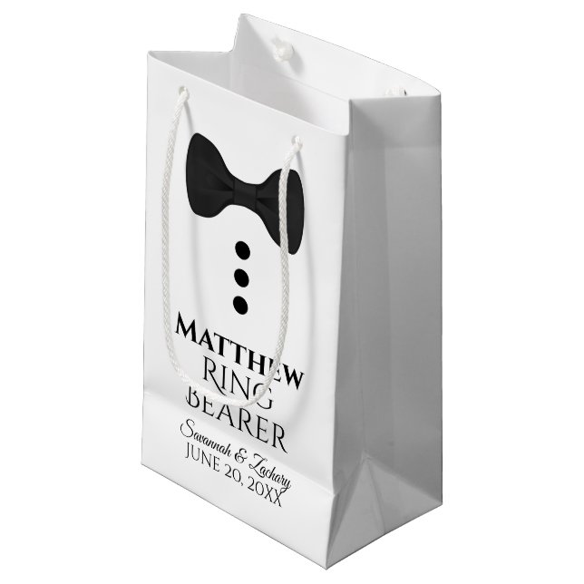 Ring Bearer Wedding Gift Bag with Black Tie Small (Front Angled)