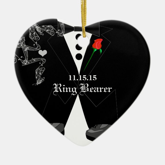 Ring Bearer with Black Tuxedo Wedding Favor Ceramic Ornament (Front)
