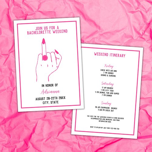Ring Finger Bold  Pink Bachelorette Girls Weekend  Invitation