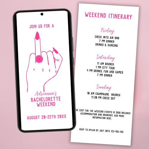 Ring Finger Pink Bachelorette Weekend Itinerary Invitation