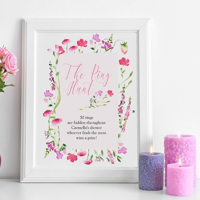 Ring Hunt Game Pink Wildflower Bridal Shower Poster (Ring Hunt bridal shower game sign from my Pink Wildflower Collection.)