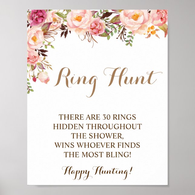 Ring Hunt Pink Floral Bridal Shower Game Sign (Front)