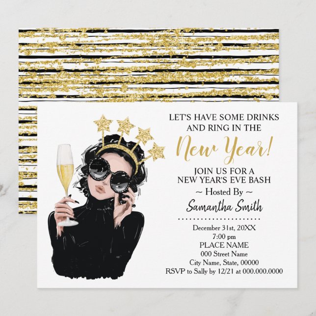 Ring In The New Year and Have a Drink Glitter Invitation (Front/Back)