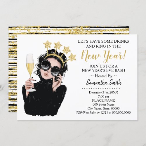 Ring In The New Year and Have a Drink Glitter Invitation