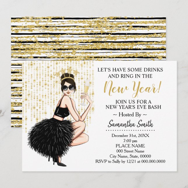 Ring In The New Year and Have a Drink Glitter Invitation (Front/Back)