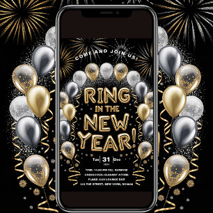 Ring In The New Year Gold Balloon Party Invitation