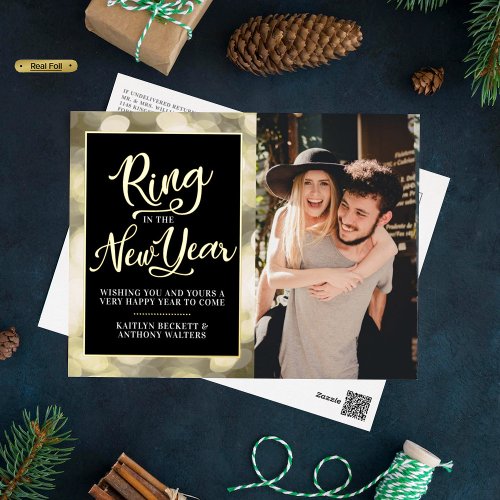 Ring In The New Year  Happy New Year Photo Real Foil Holiday Postcard