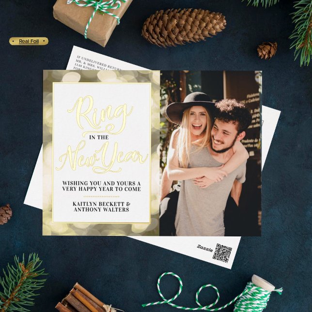 Ring In The New Year | Happy New Year Photo Real Foil Holiday Postcard (Creator Uploaded)