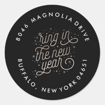 Ring In The New Year Party Faux Gold Foil Address Classic Round Sticker by BanterandCharm at Zazzle
