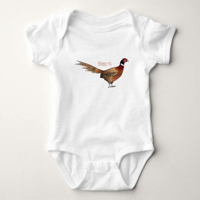 Ring-necked pheasant bird cartoon illustration baby bodysuit (Front)