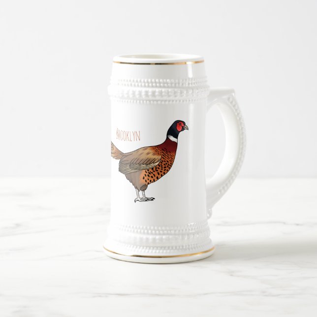 Ring-necked pheasant bird cartoon illustration beer stein (Front Right)