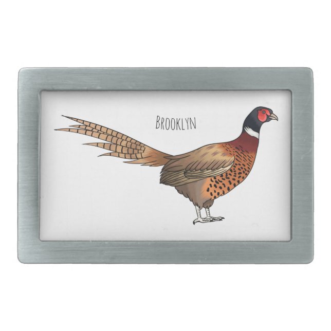 Ring-necked pheasant bird cartoon illustration  belt buckle (Front)