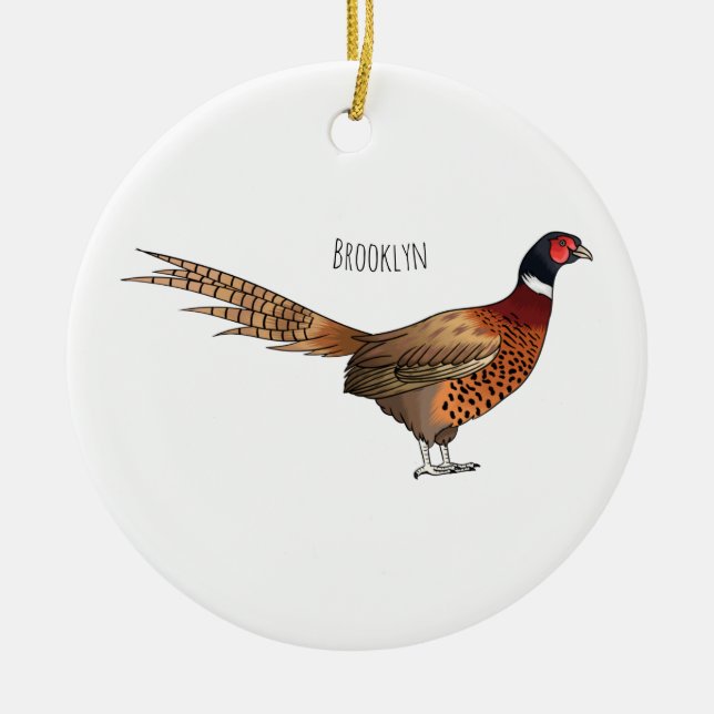 Ring-necked pheasant bird cartoon illustration  ceramic ornament (Front)