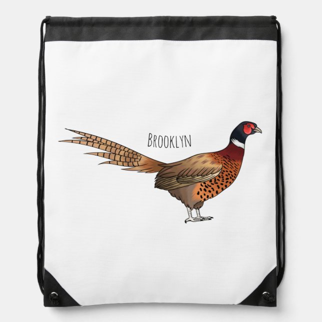 Ring-necked pheasant bird cartoon illustration  drawstring bag (Front)