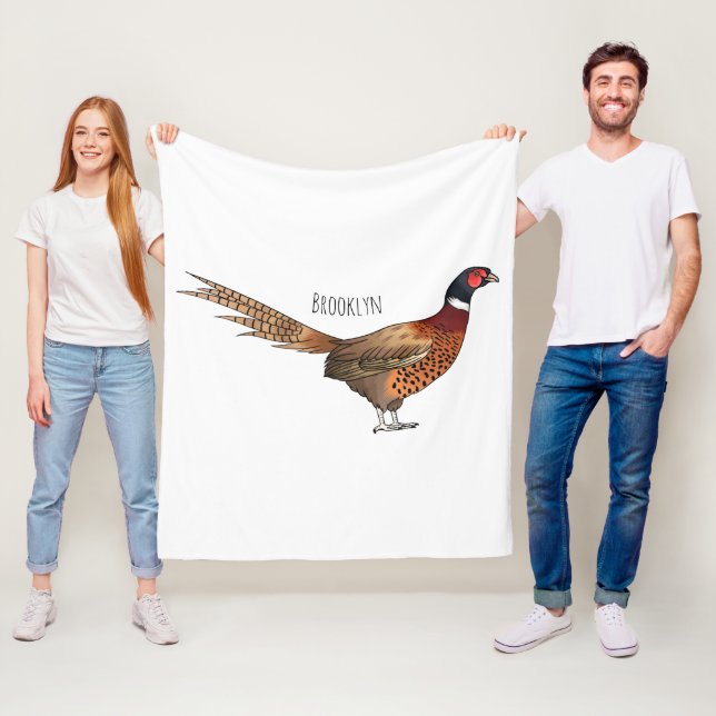 Ring-necked pheasant bird cartoon illustration fleece blanket (In Situ)