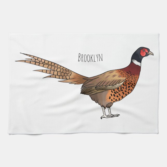 Ring-necked pheasant bird cartoon illustration  kitchen towel (Horizontal)
