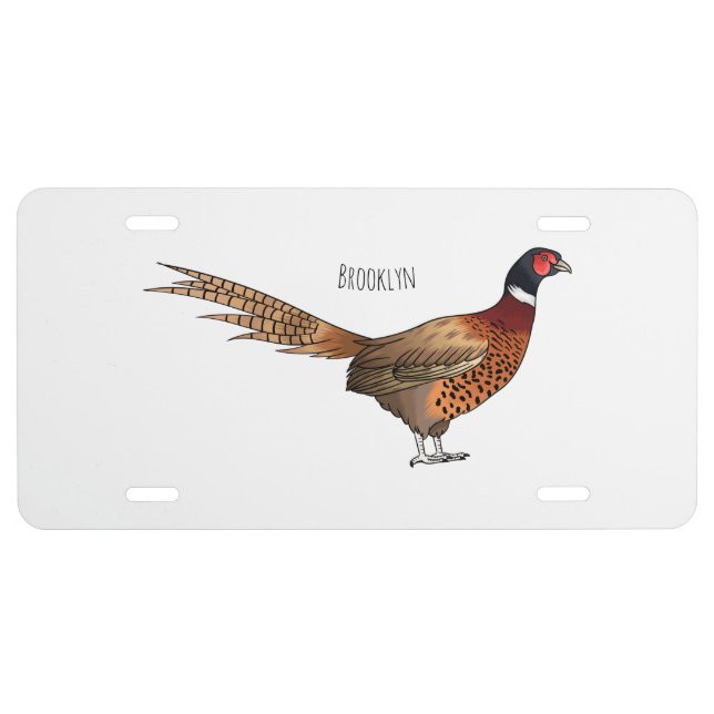 Ring-necked pheasant bird cartoon illustration license plate (Front)