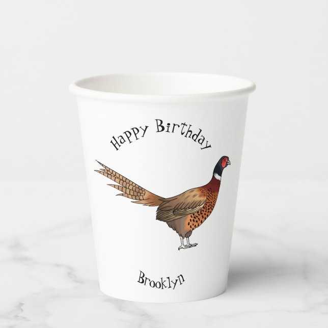 Ring-necked pheasant bird cartoon illustration  paper cups (Front)