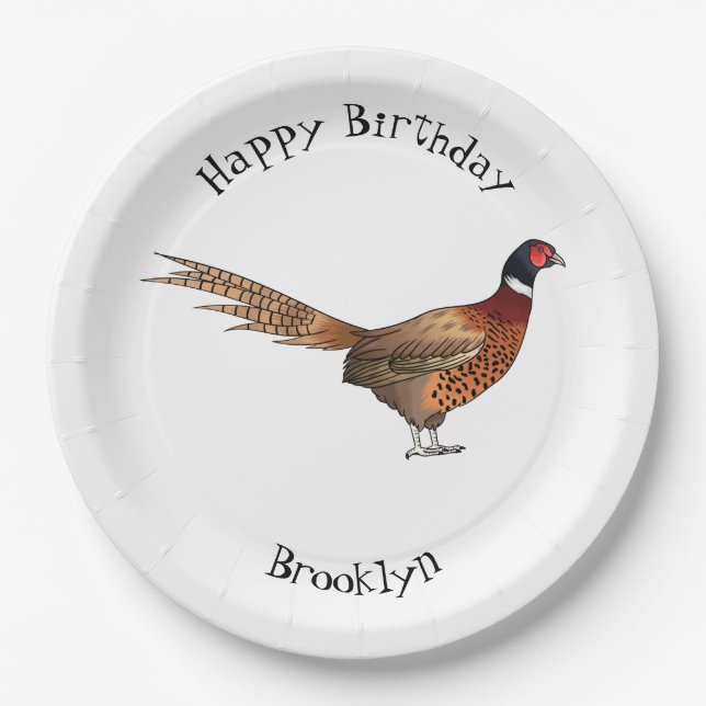 Ring-necked pheasant bird cartoon illustration  paper plates (Front)