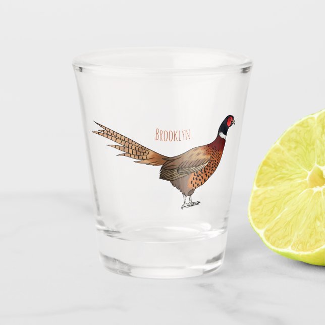Ring-necked pheasant bird cartoon illustration  shot glass (Front)