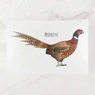 Ring-necked pheasant bird cartoon illustration trinket tray