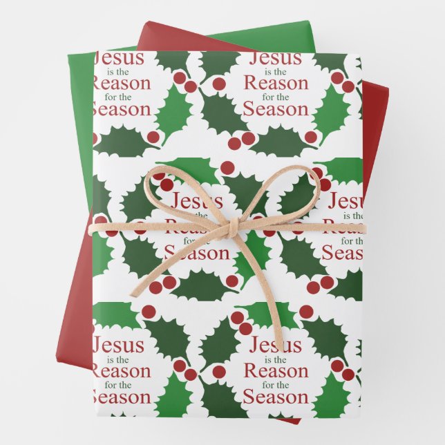 Ring of Holly Jesus Reason for Season Occasion Wrapping Paper Sheets (In situ)