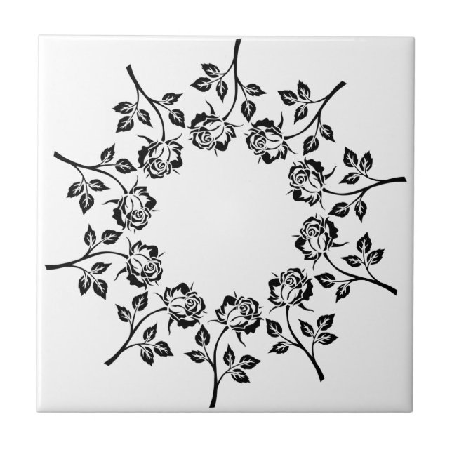 Ring of Roses Black and White Minimal Ceramic Tile (Front)