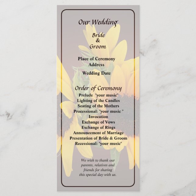 Ring of Sunflowers Wedding Program (Front)