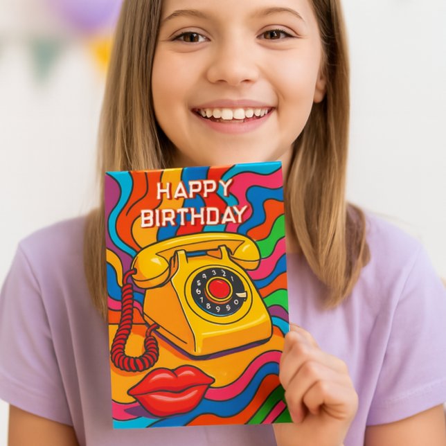 “Ring Ring! It’s Your Day” Girls Happy Birthday  Card (Teen girl smiling with retro birthday card featuring yellow rotary phone and pop art background.)