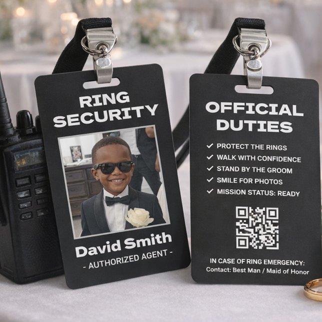 Ring Security Black White Formal Suit Groomsman's  Badge (Ring Security badge with custom photo back)
