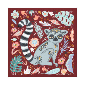 Ring Tailed Lemur Cute Floral Canvas Print