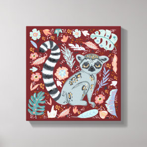 Ring Tailed Lemur Cute Floral Canvas Print