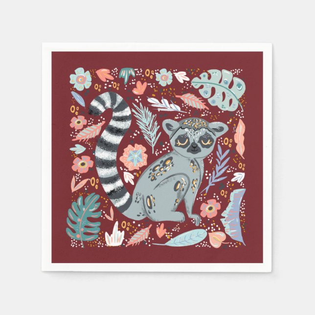 Ring Tailed Lemur Cute Floral Napkins (Front)
