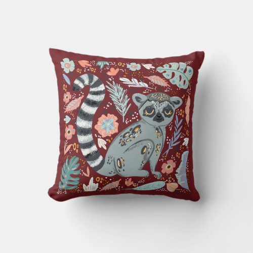 Ring Tailed Lemur Cute Floral Throw Pillow